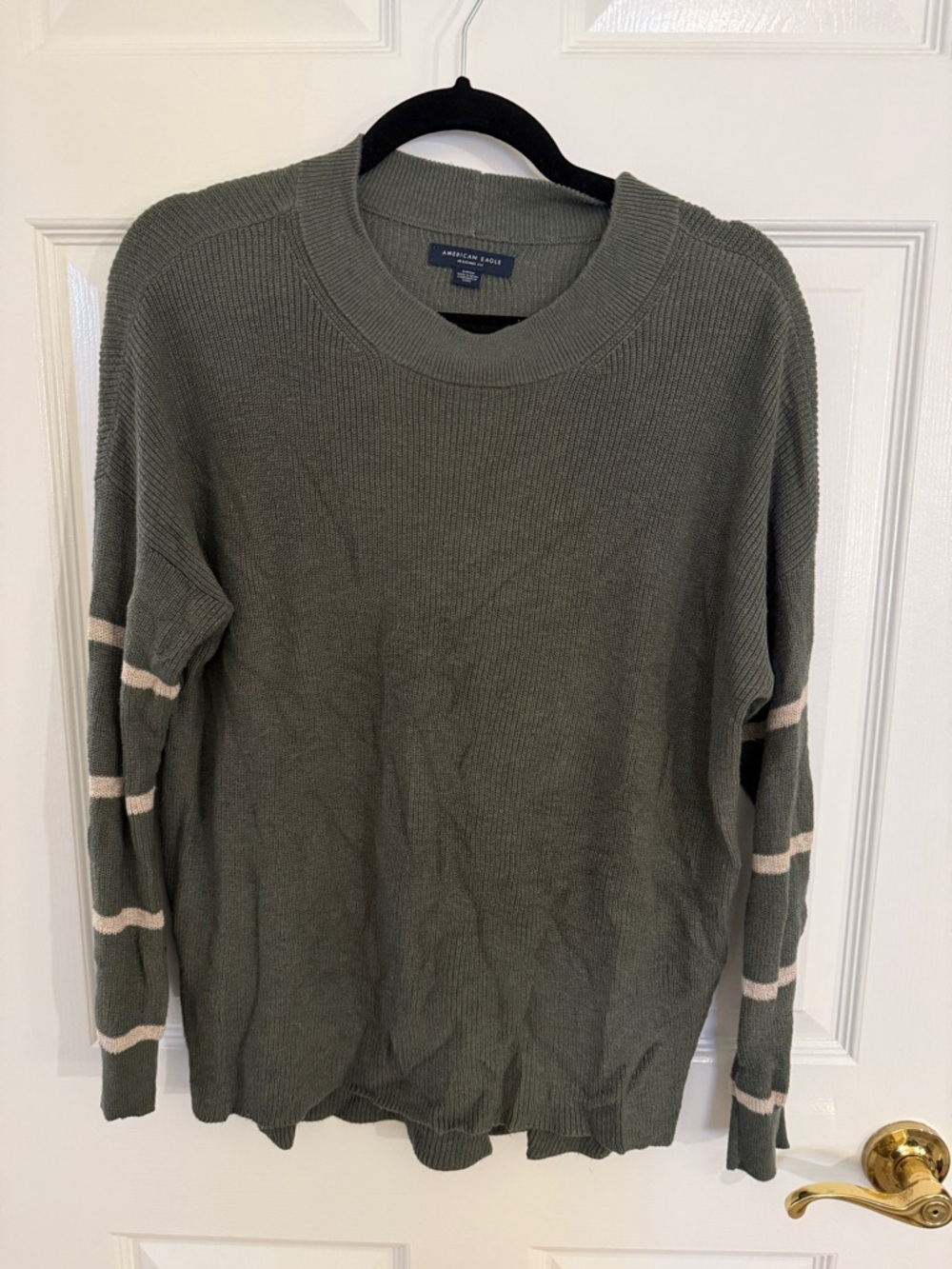 American Eagle Outfitters Olive Green Crewneck Sweater with Cream Sleeve Stripes
